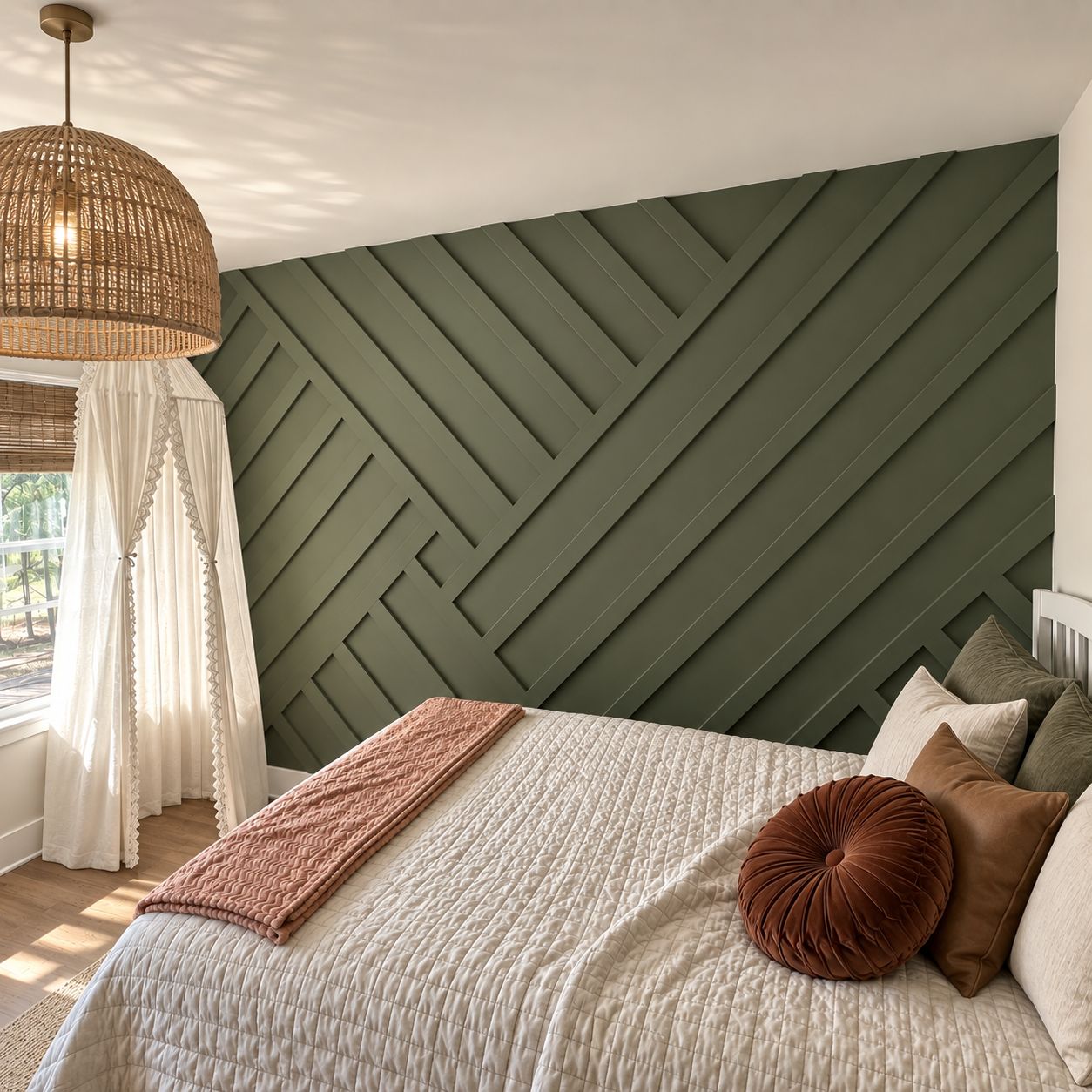 Geometric wood accent wall in a bedroom